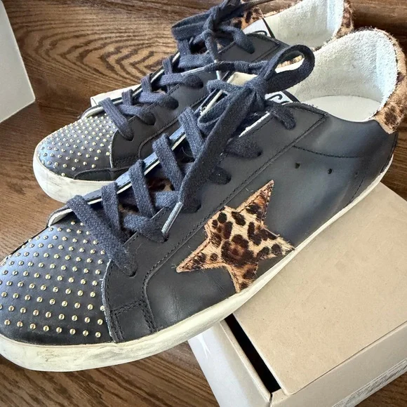 Golden Goose Superstar Gold studded toe - Black leather with leopard star - Picture 6 of 11